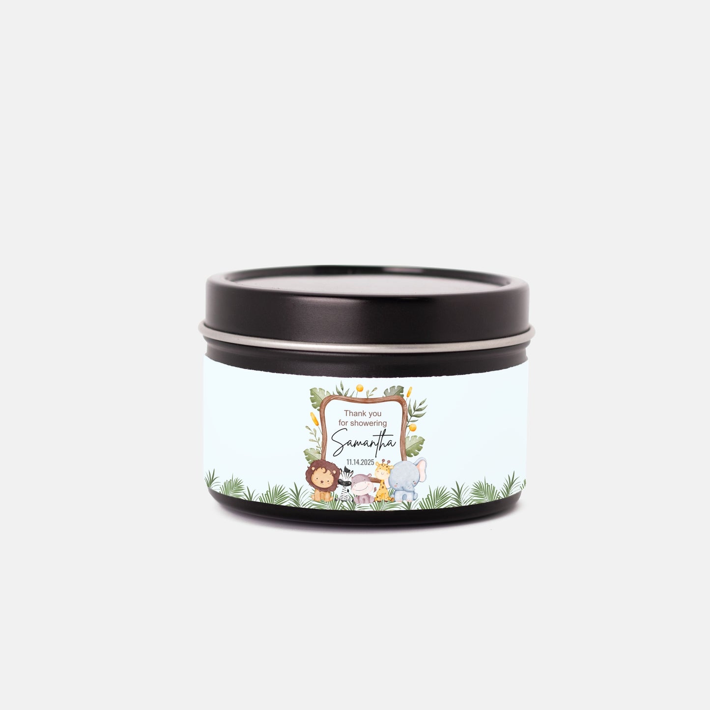 Personalized Safari Animals Baby Shower Candle Favors - Tin 4oz