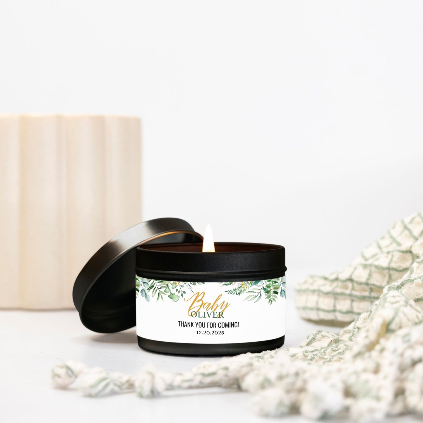 Personalized Greenery Baby Shower Candle Favors - Tin 4oz