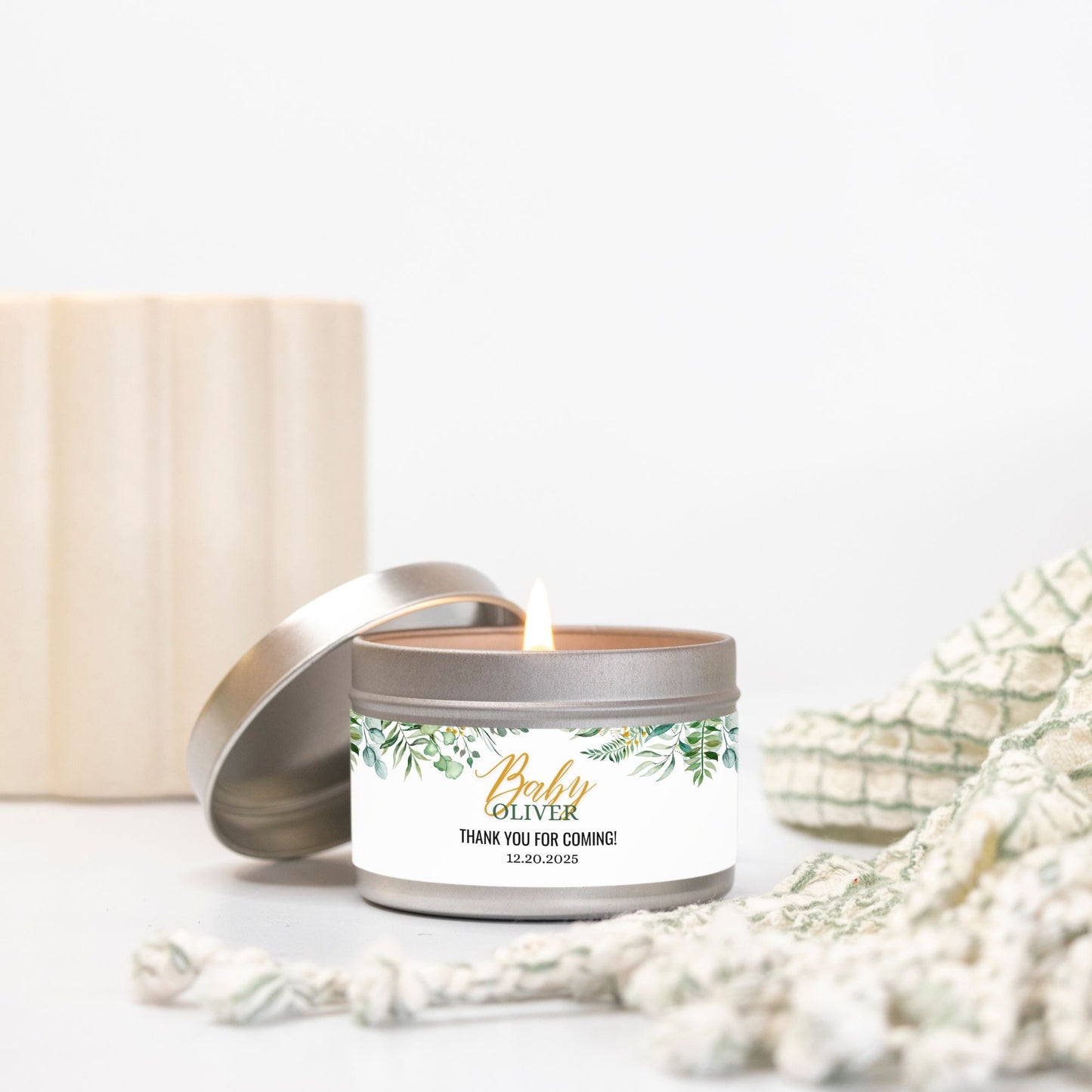Personalized Greenery Baby Shower Candle Favors - Tin 4oz
