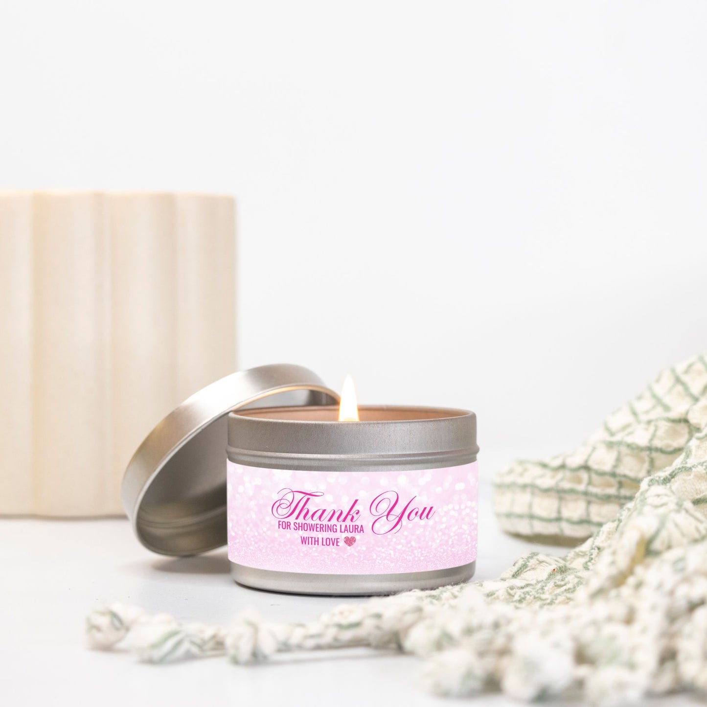 Personalized Pink Faux Glitter Bridal Shower Candle Favor - Tin 4oz