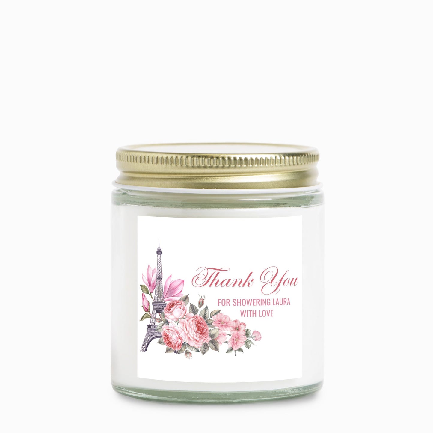 Personalized Eiffel Tower French Themed Bridal Shower Candle Favor in Clear Glass Jar (4oz)