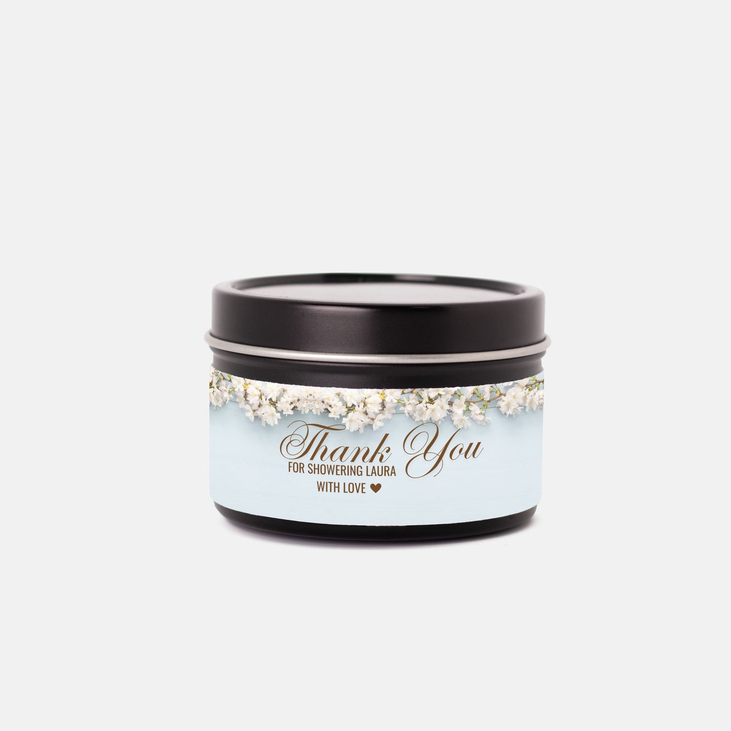 Personalized Dusty Blue Floral Bridal Shower Candle Favor - Tin 4oz