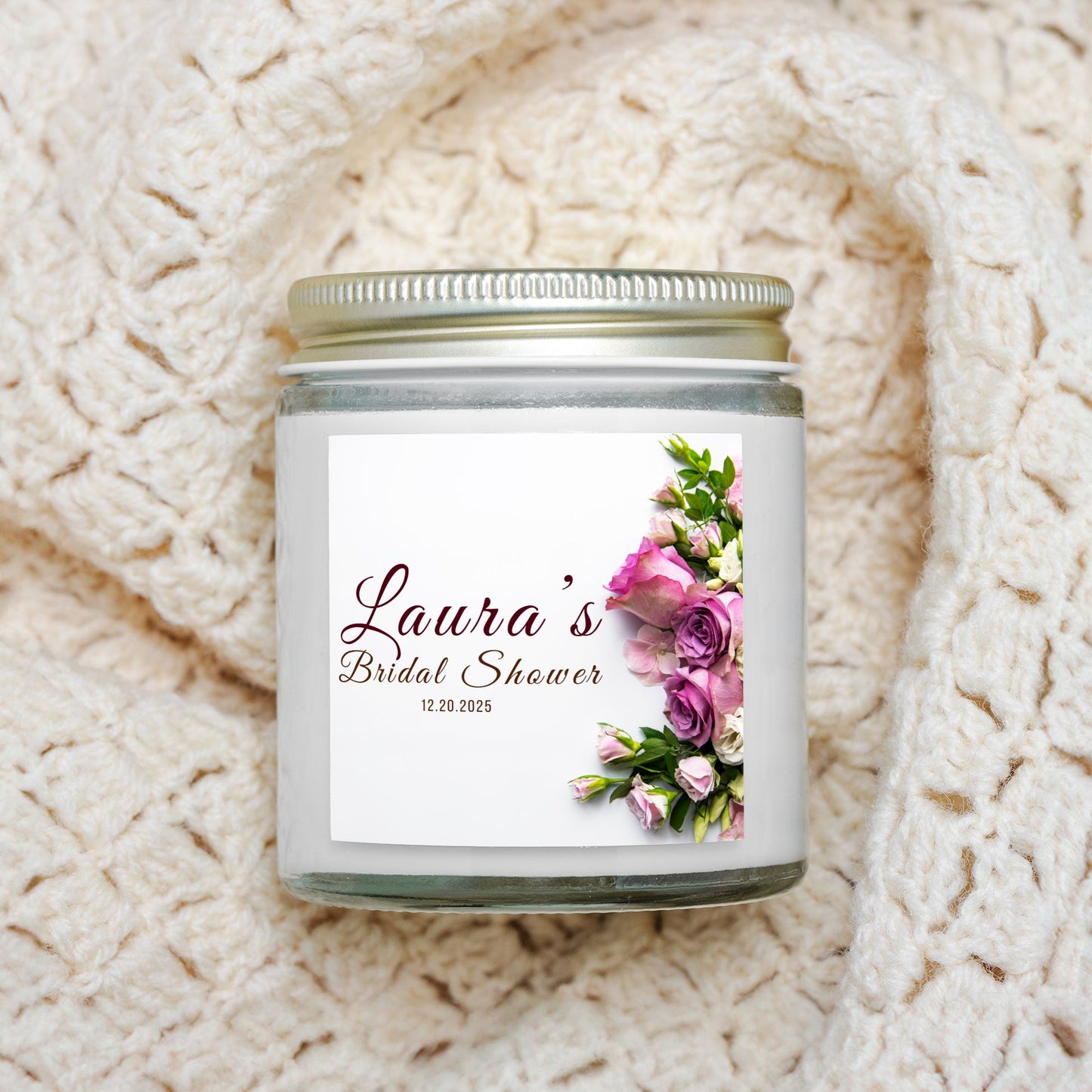 Personalized Floral Bridal Shower Candle Favor in Clear Glass Jar (4oz)