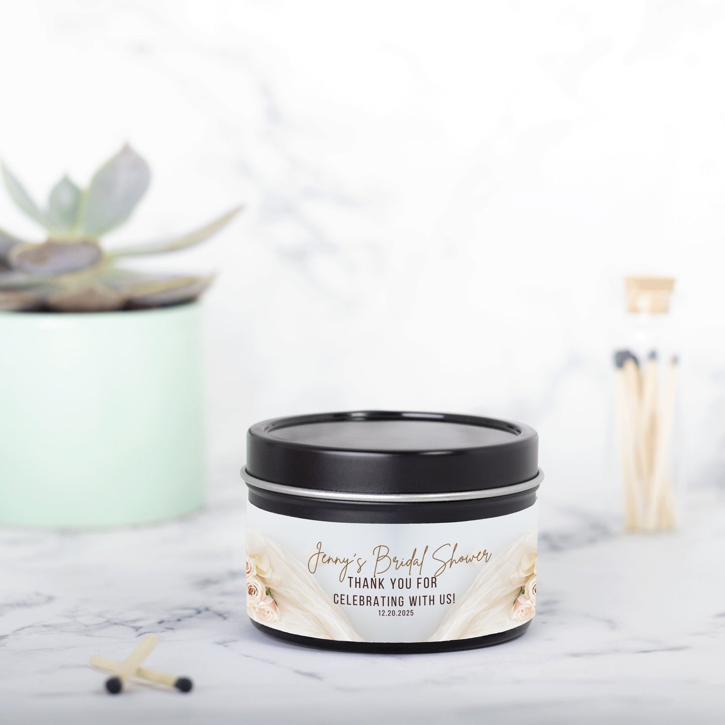 Personalized Boho Rose Themed Bridal Shower Candle Favor - Tin 4oz