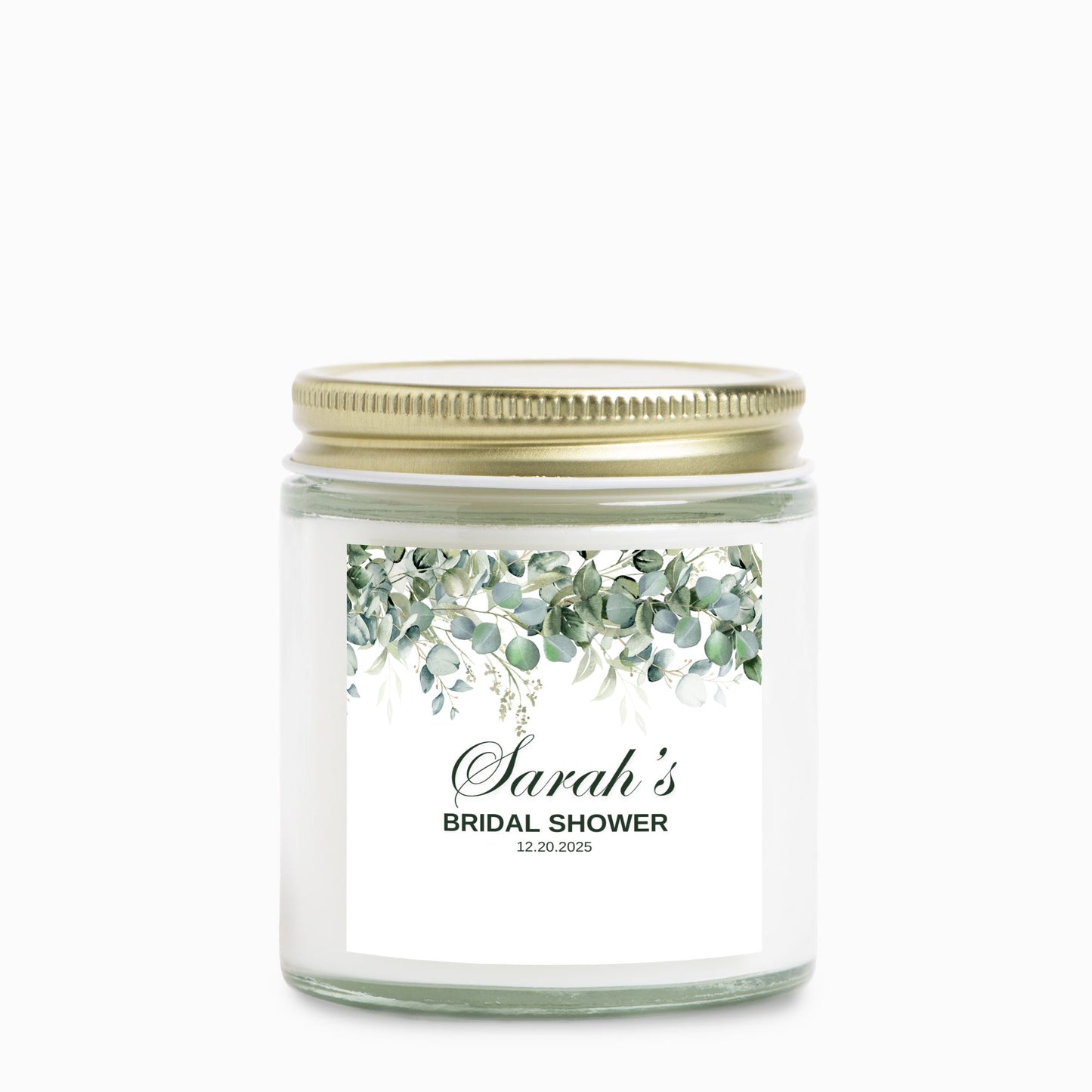 Personalized Greenery Eucalyptus Bridal Shower Candle Favor in Clear Glass Jar (4oz)
