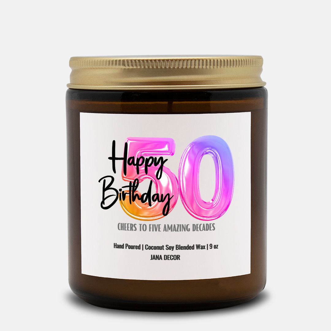Happy 50th Birthday Candle - Amber Jar 9oz