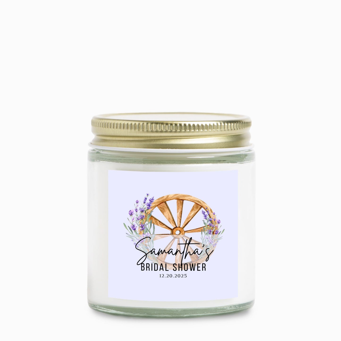 Personalized Lavender Rustic Bridal Shower Candle Favor in Clear Glass Jar (4oz)