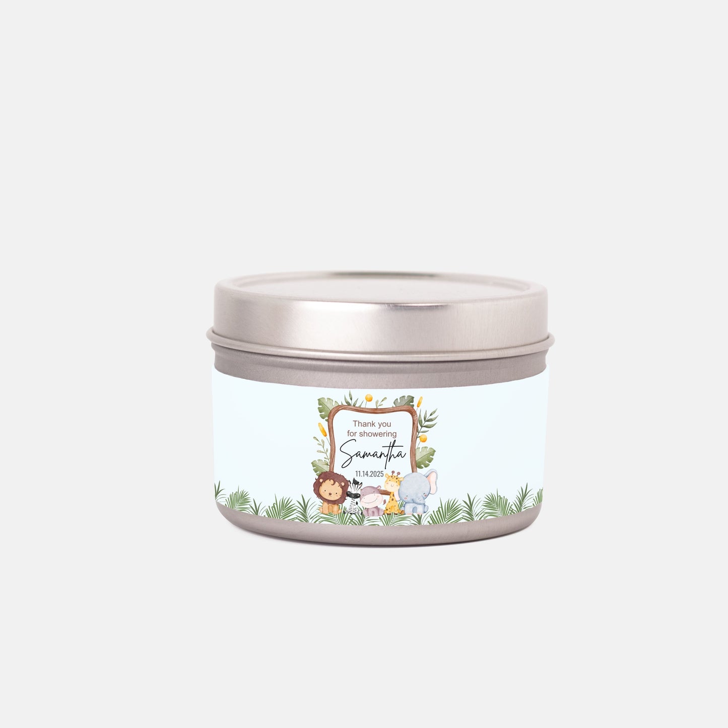 Personalized Safari Animals Baby Shower Candle Favors - Tin 4oz