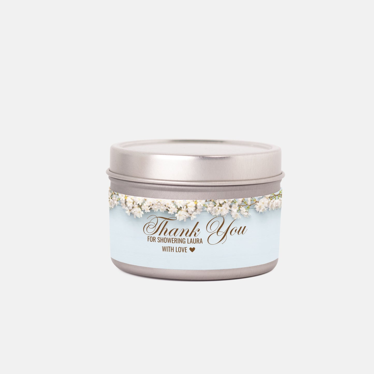 Personalized Dusty Blue Floral Bridal Shower Candle Favor - Tin 4oz