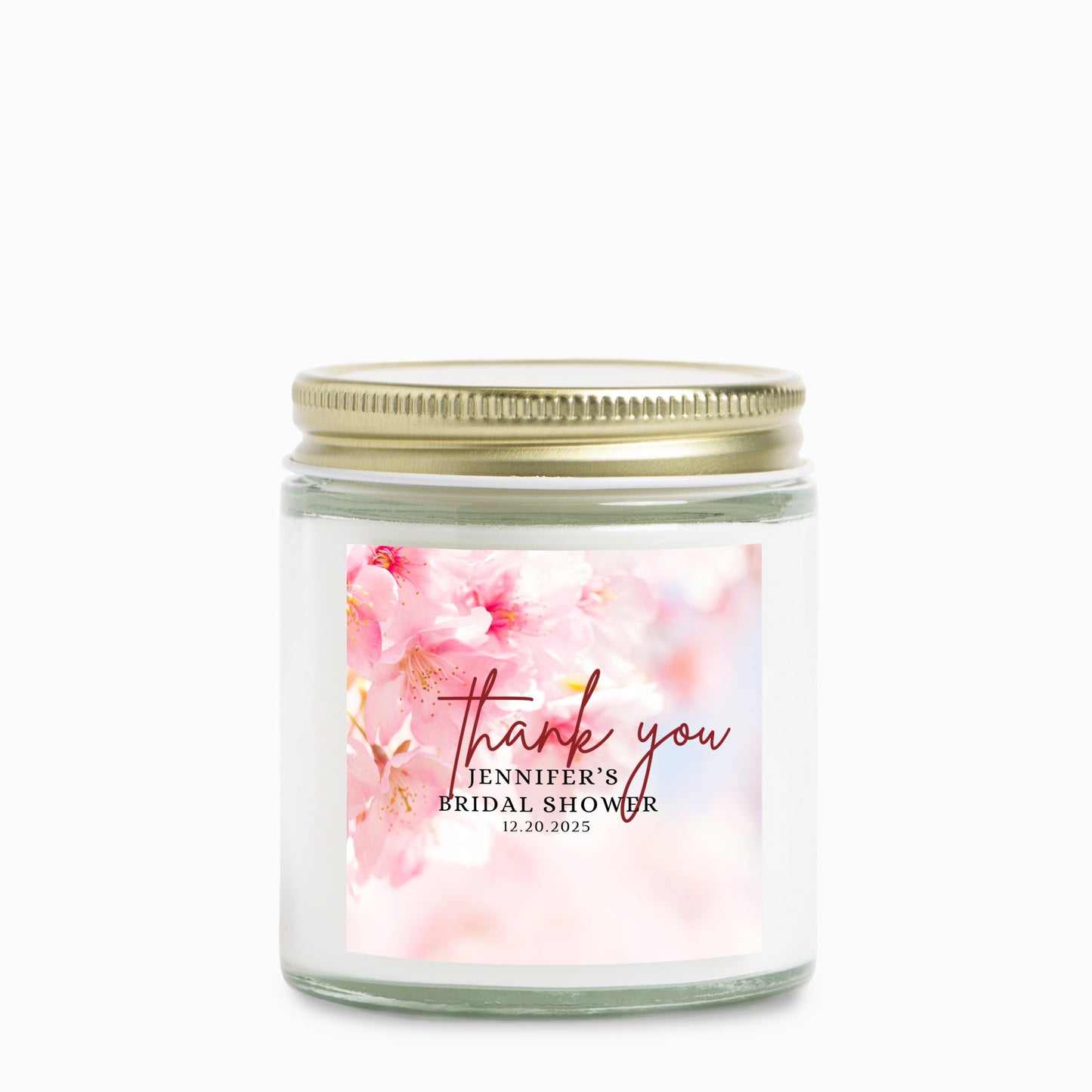 Personalized Cherry Blossom Spring Themed Bridal Shower Candle Favor Clear Glass Jar (4oz)