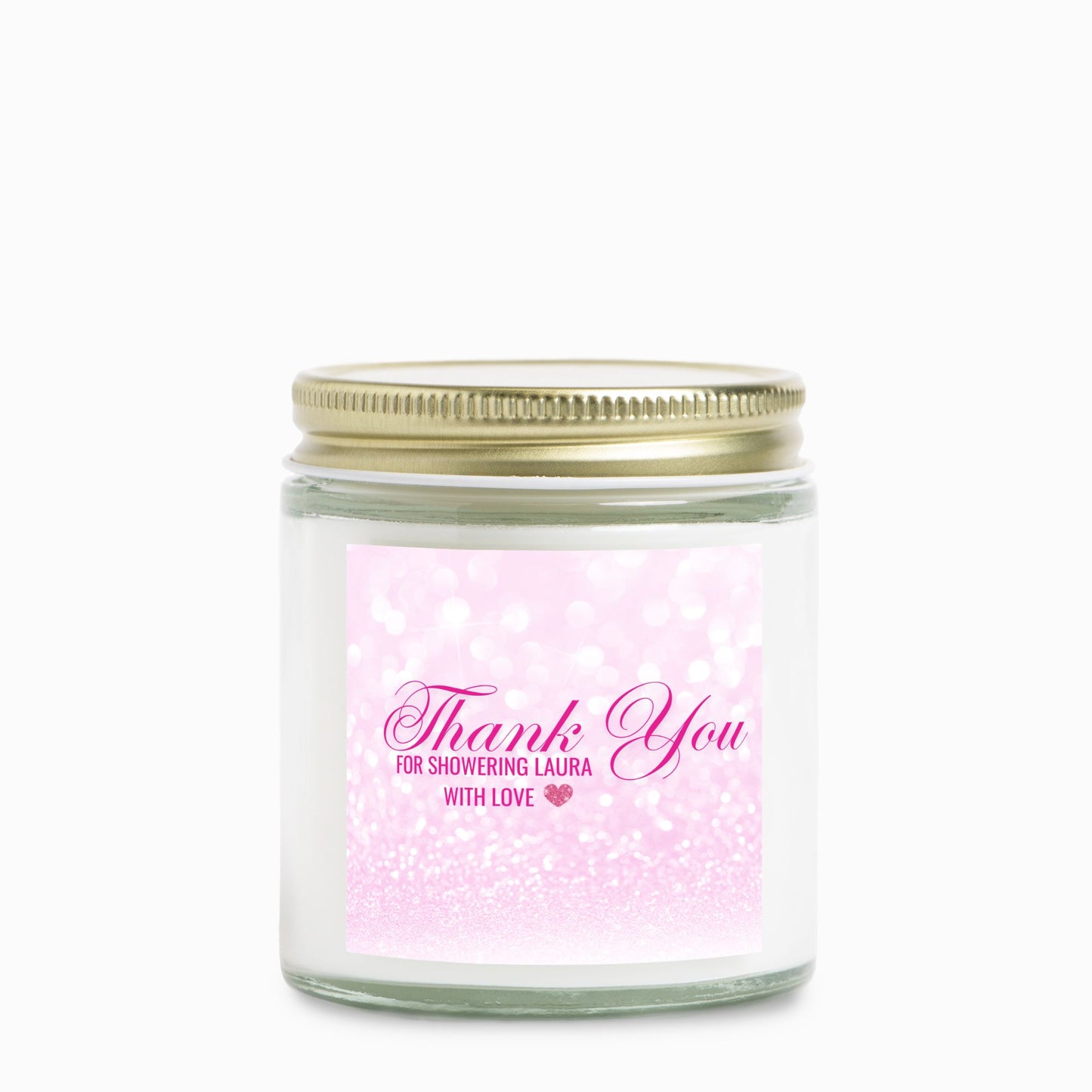 Personalized Faux Pink Glitter Bridal Shower Candle Favor in Clear Glass Jar (4oz)