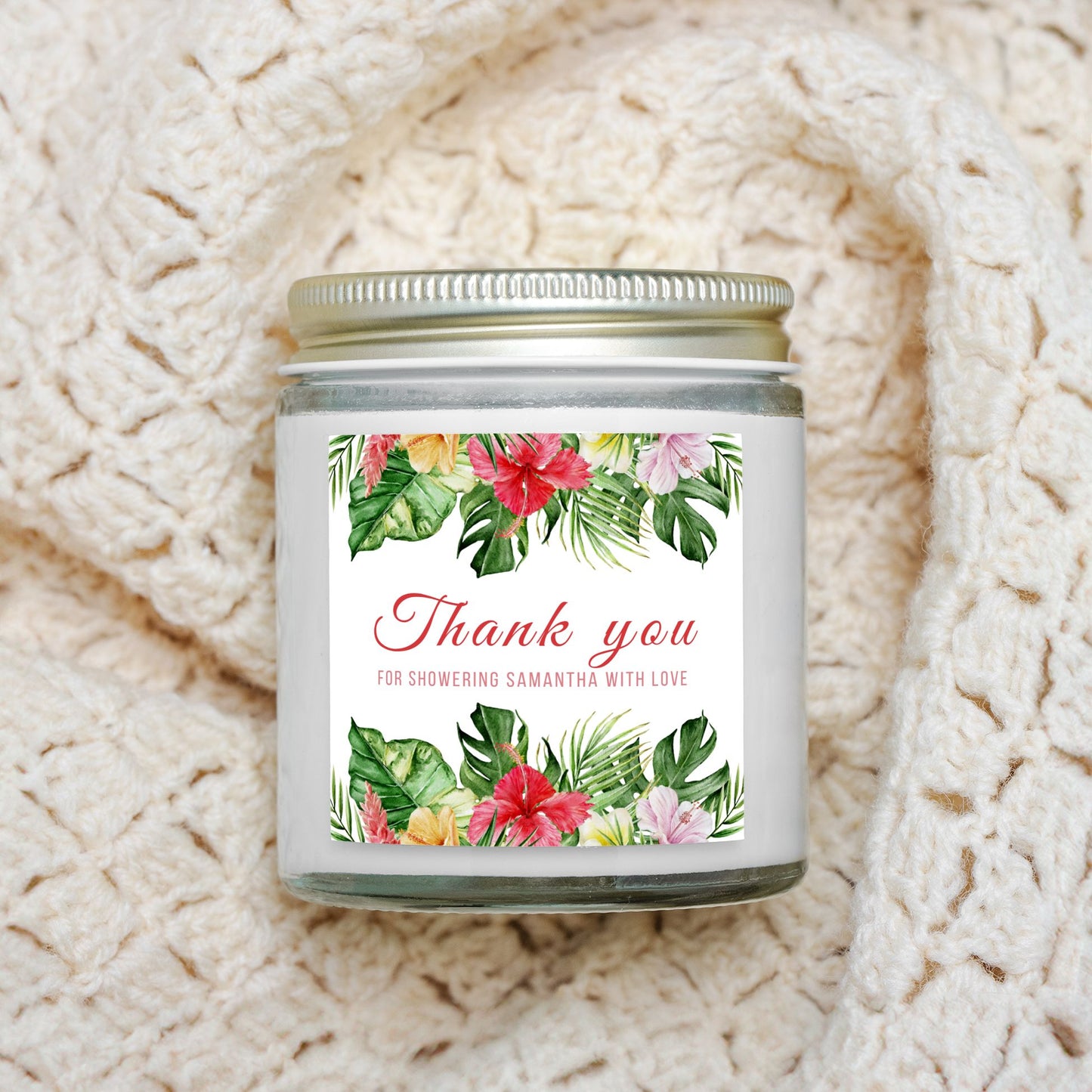 Personalized Tropical Themed Bridal Shower Candle Favor in Clear Glass Jar (4oz)
