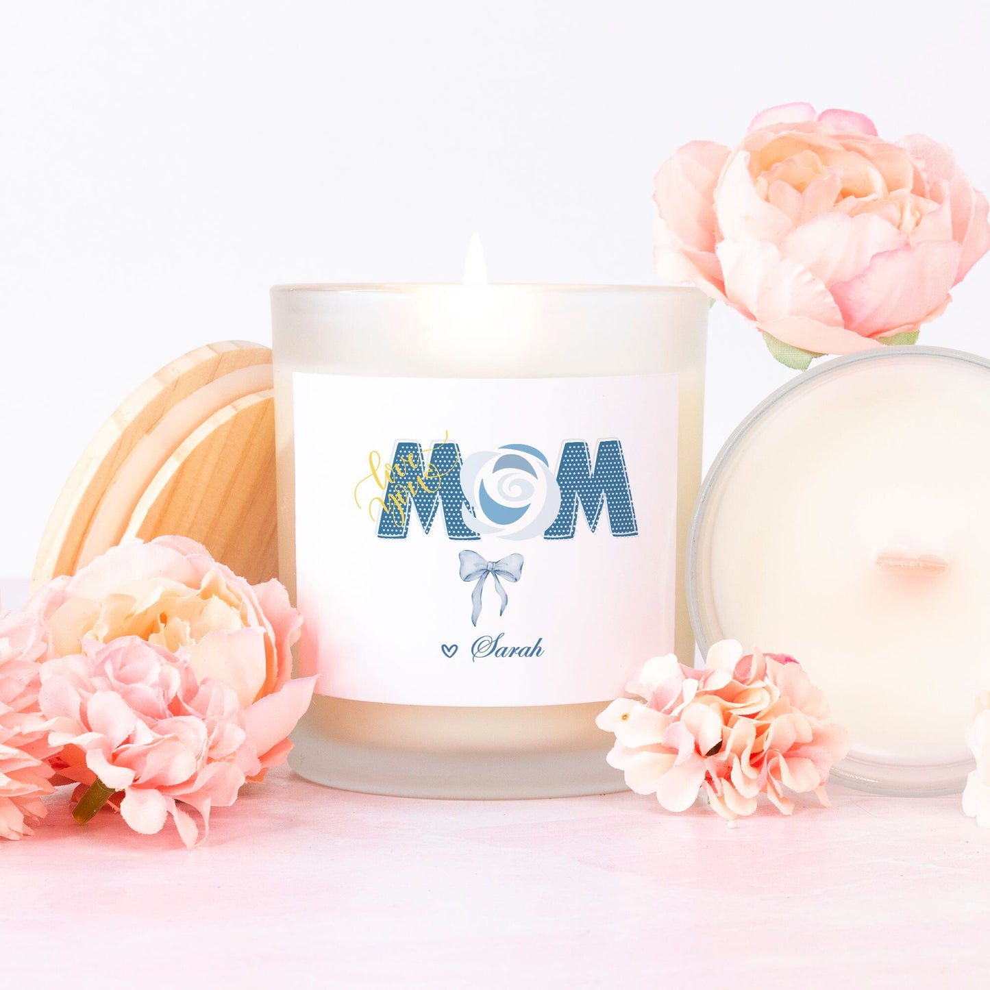 Personalized Mom Blue Coquette Candle in Frosted Glass (11oz)