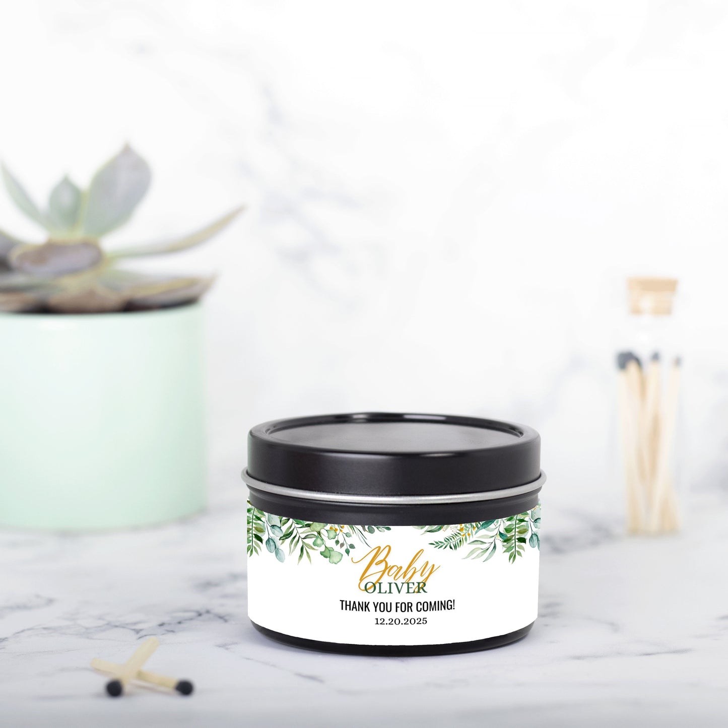 Personalized Greenery Baby Shower Candle Favors - Tin 4oz