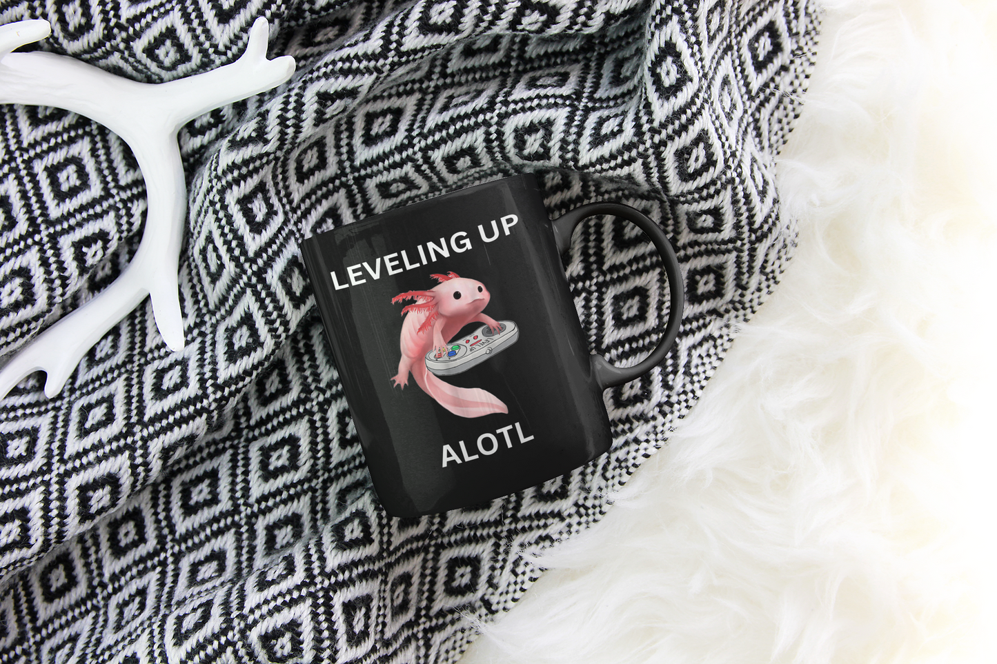 Leveling Up Alotl - Axolotl Gaming Ceramic Coffee Mug in Black