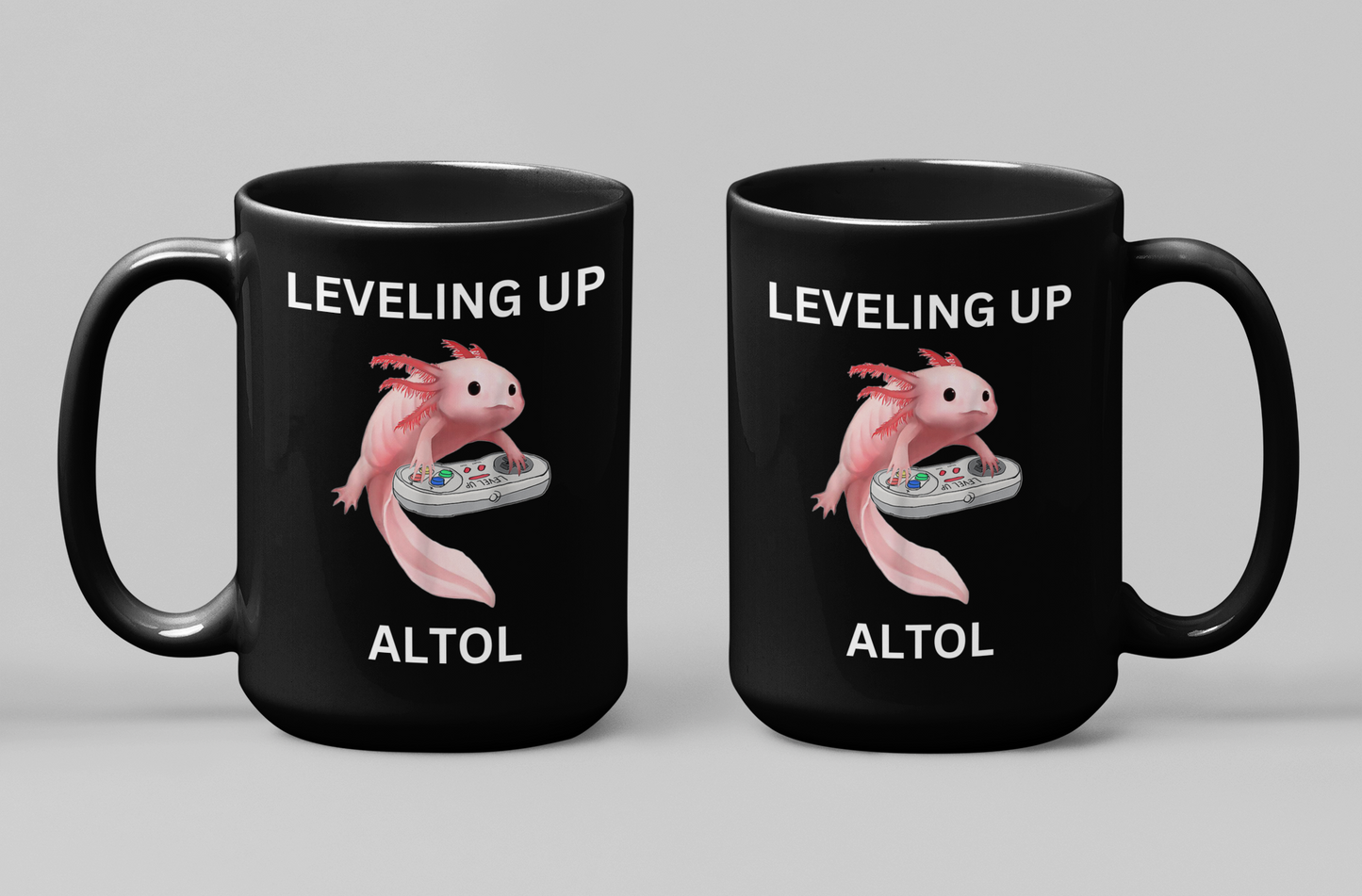 Leveling Up Alotl - Axolotl Gaming Ceramic Coffee Mug in Black