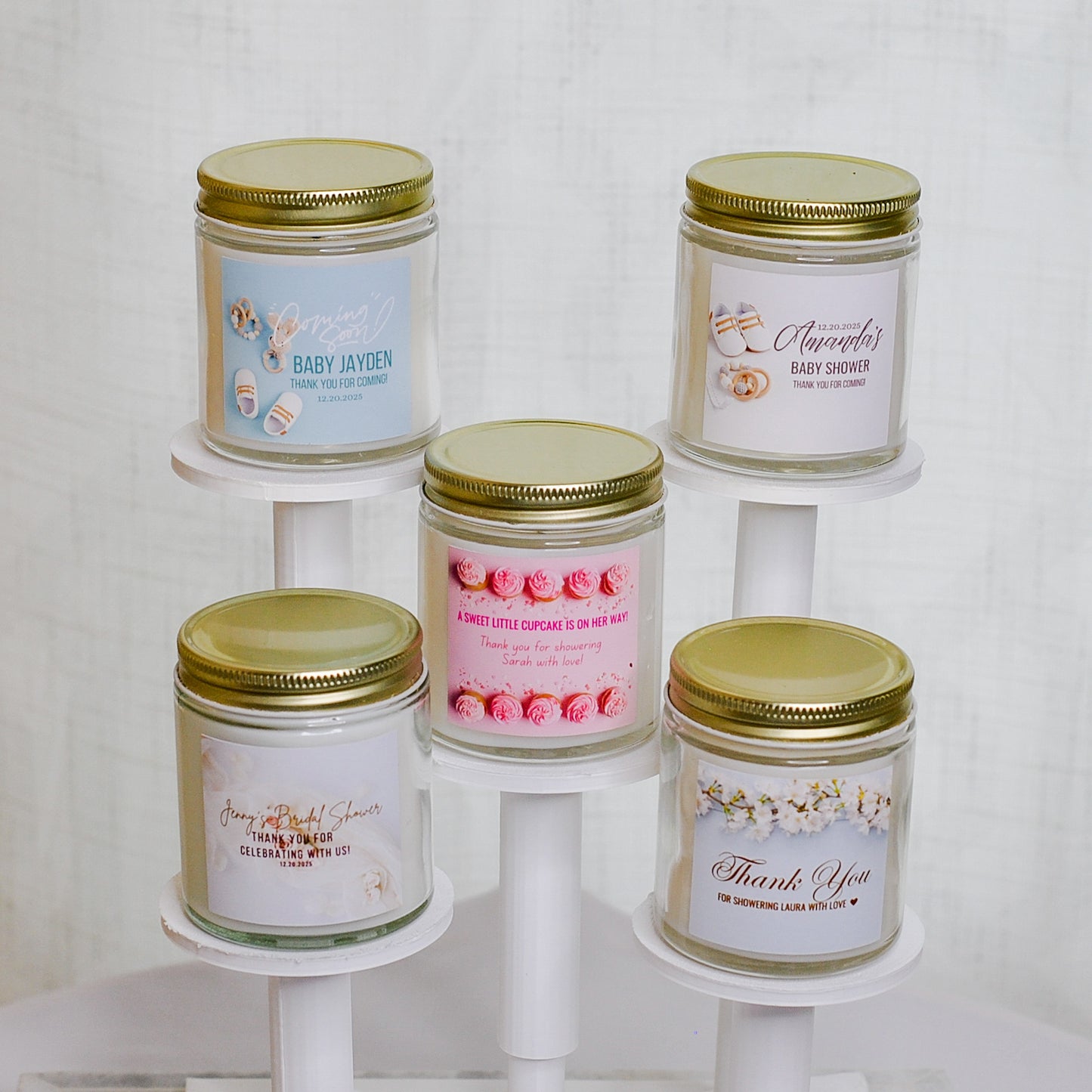 Personalized Beige Boho Bridal Shower Candle Favor in Clear Glass Jar (4oz)