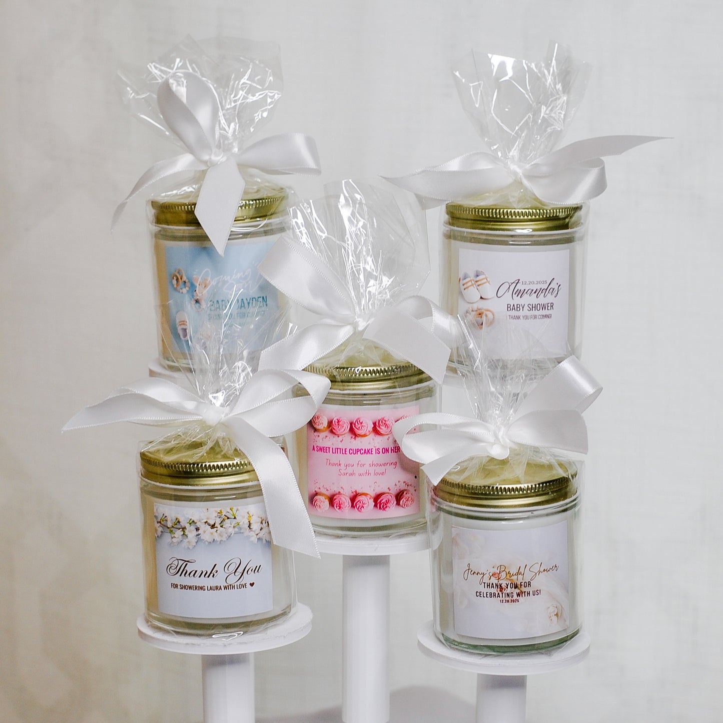 Personalized Beige Boho Bridal Shower Candle Favor in Clear Glass Jar (4oz)