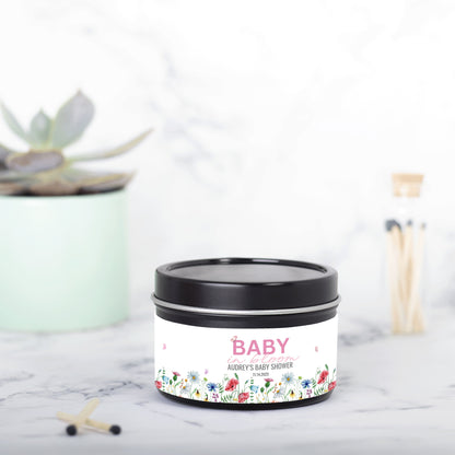 Personalized Wildflower Themed Baby Shower Candle Favor - Tin 4oz