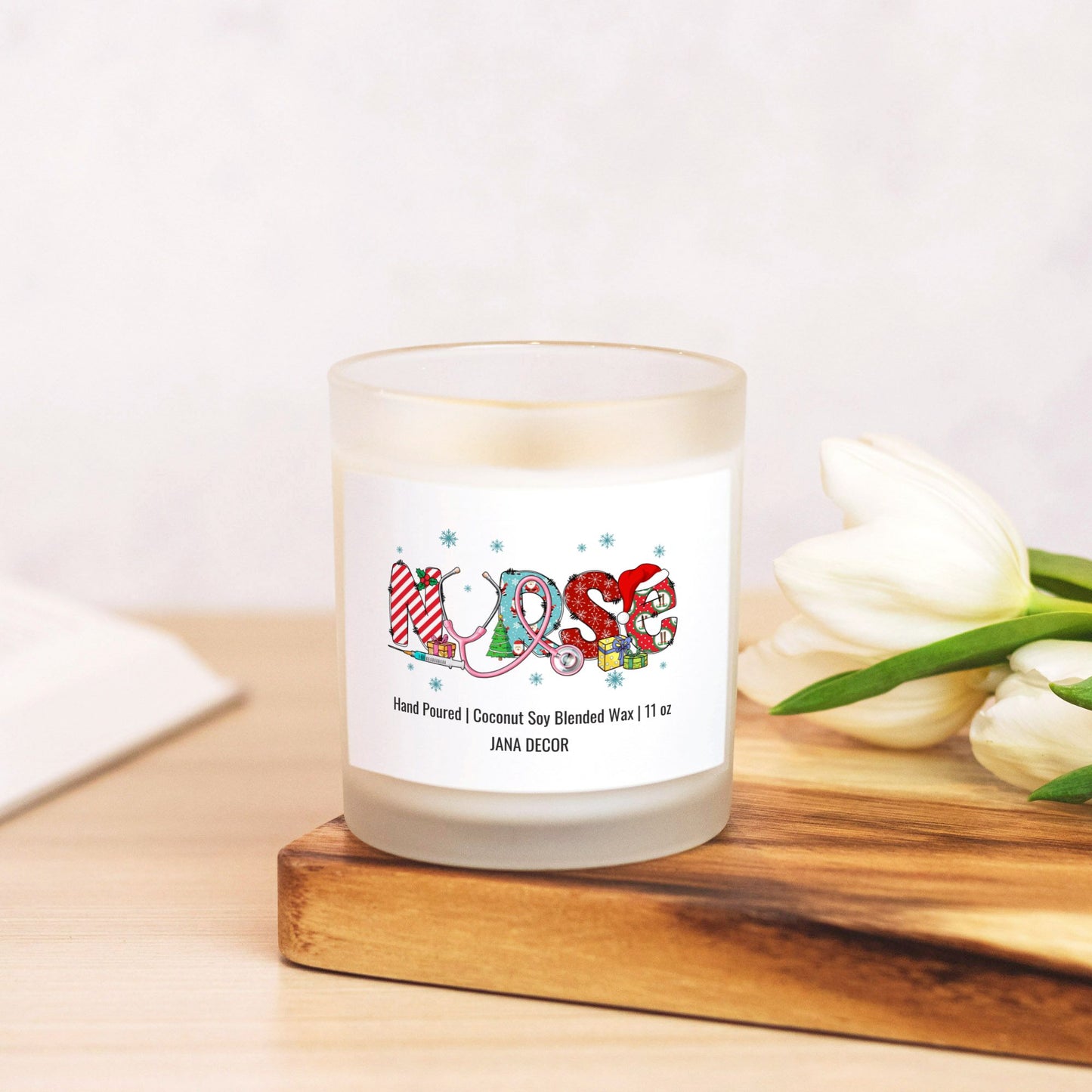 Nurse Christmas Candle - Frosted Glass (Hand Poured 11 oz)