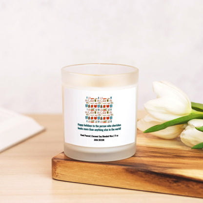 Happy Holidays - Book Lover Christmas Candle - Frosted Glass (Hand Poured 11 oz)