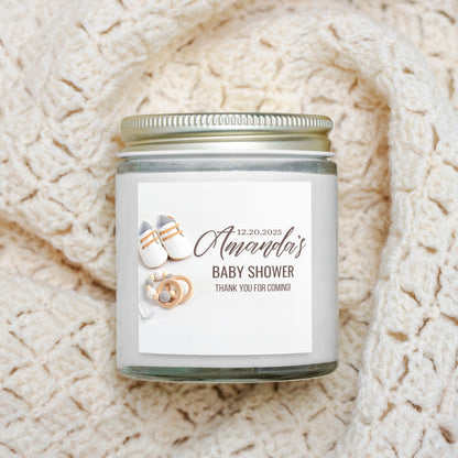Personalized Neutral Baby Shoes Baby Shower Candle Favors - Clear Glass Jar 4oz
