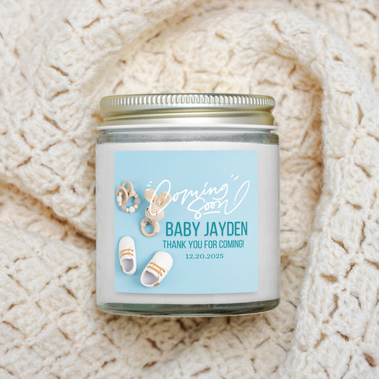 Personalized Coming Soon Baby Shower Candle Favors - Clear Glass Jar 4oz