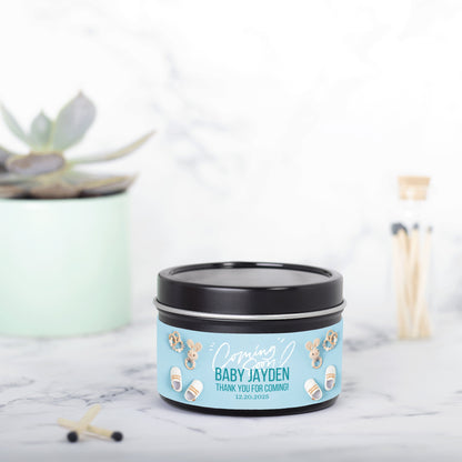 Personalized Coming Soon Baby Shower Candle Favors - Tin 4oz