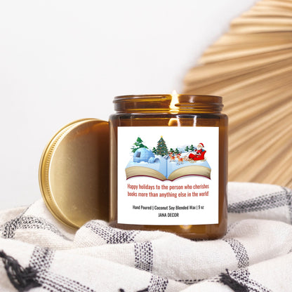 Happy Holidays Book Candle - Amber Jar 9oz