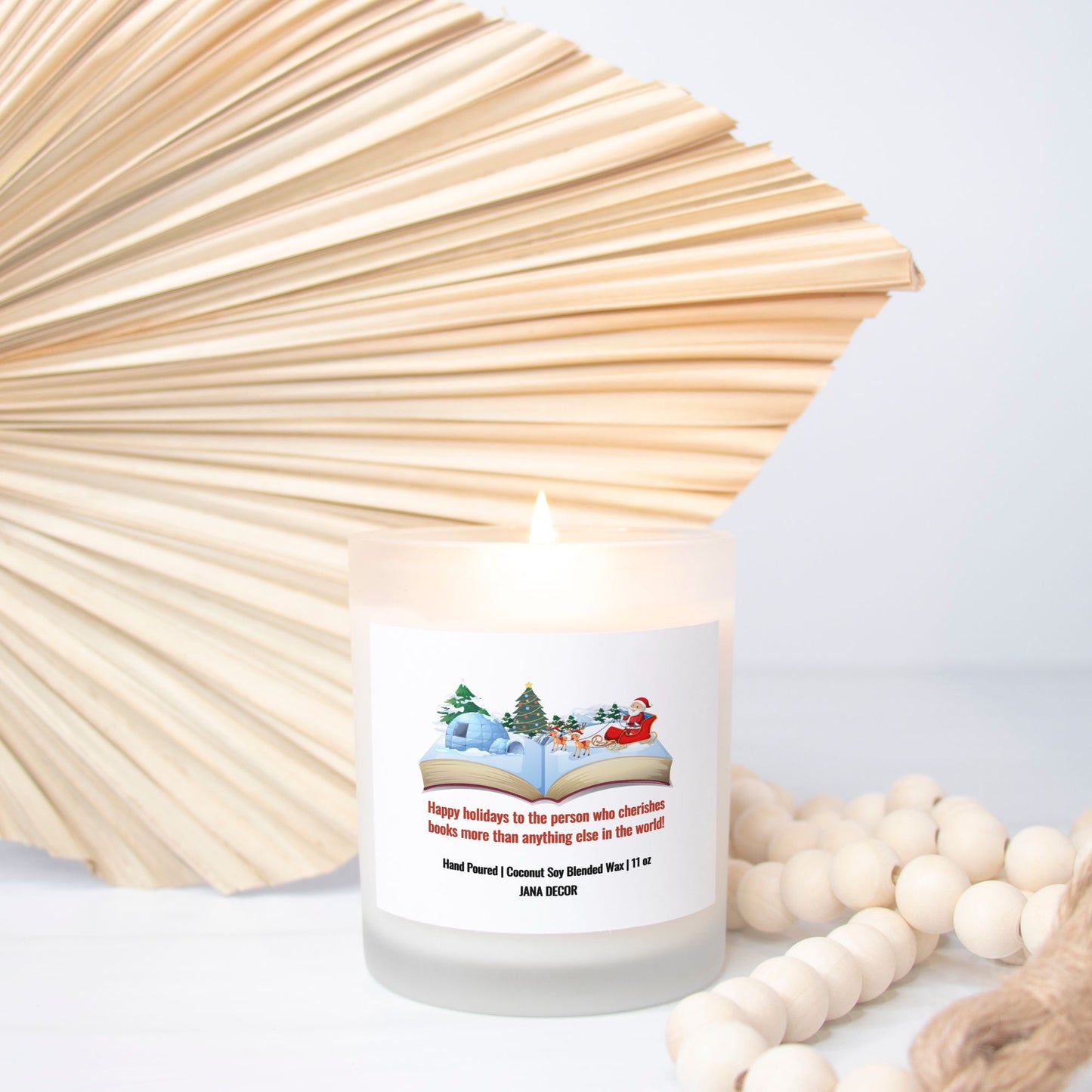 Happy Holidays - Book Lover Christmas Candle - Frosted Glass (Hand Poured 11 oz)