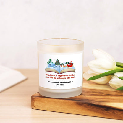 Happy Holidays - Book Lover Christmas Candle - Frosted Glass (Hand Poured 11 oz)