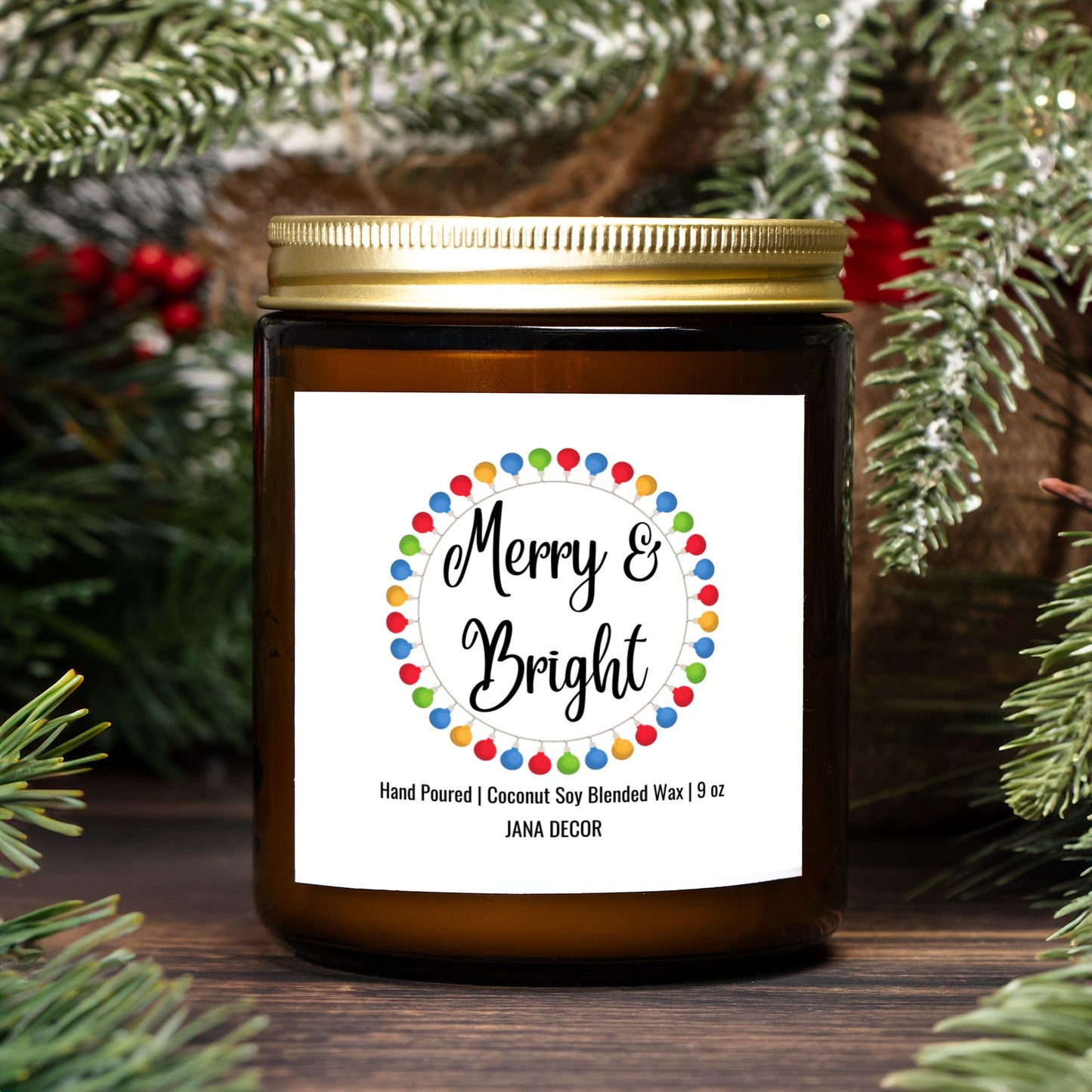 Merry & Bright Christmas Candle - Amber Jar 9oz