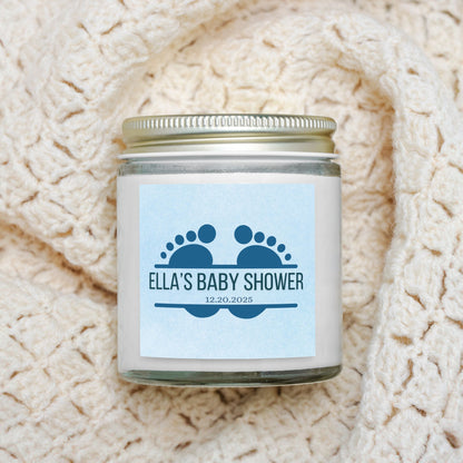 Personalized Blue Baby Feet Baby Shower Candle Favors - Clear Glass Jar 4oz