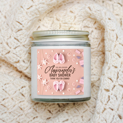 Personalized Boho Pink Baby Shower Candle Favors - Clear Glass Jar 4oz