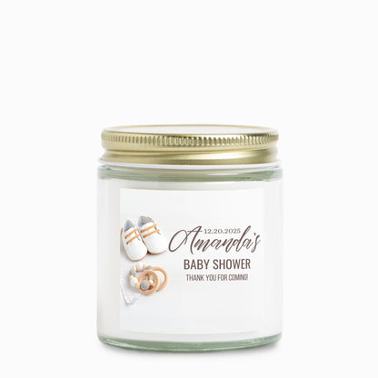 Personalized Neutral Baby Shoes Baby Shower Candle Favors - Clear Glass Jar 4oz
