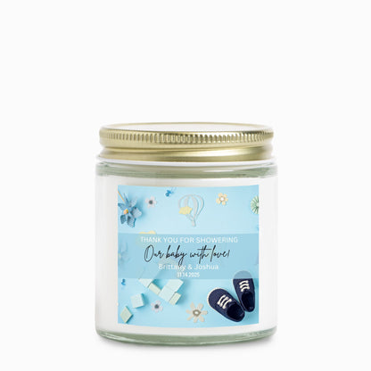 Personalized Baby Boy Shoes Baby Shower Candle Favors - Clear Glass Jar 4oz