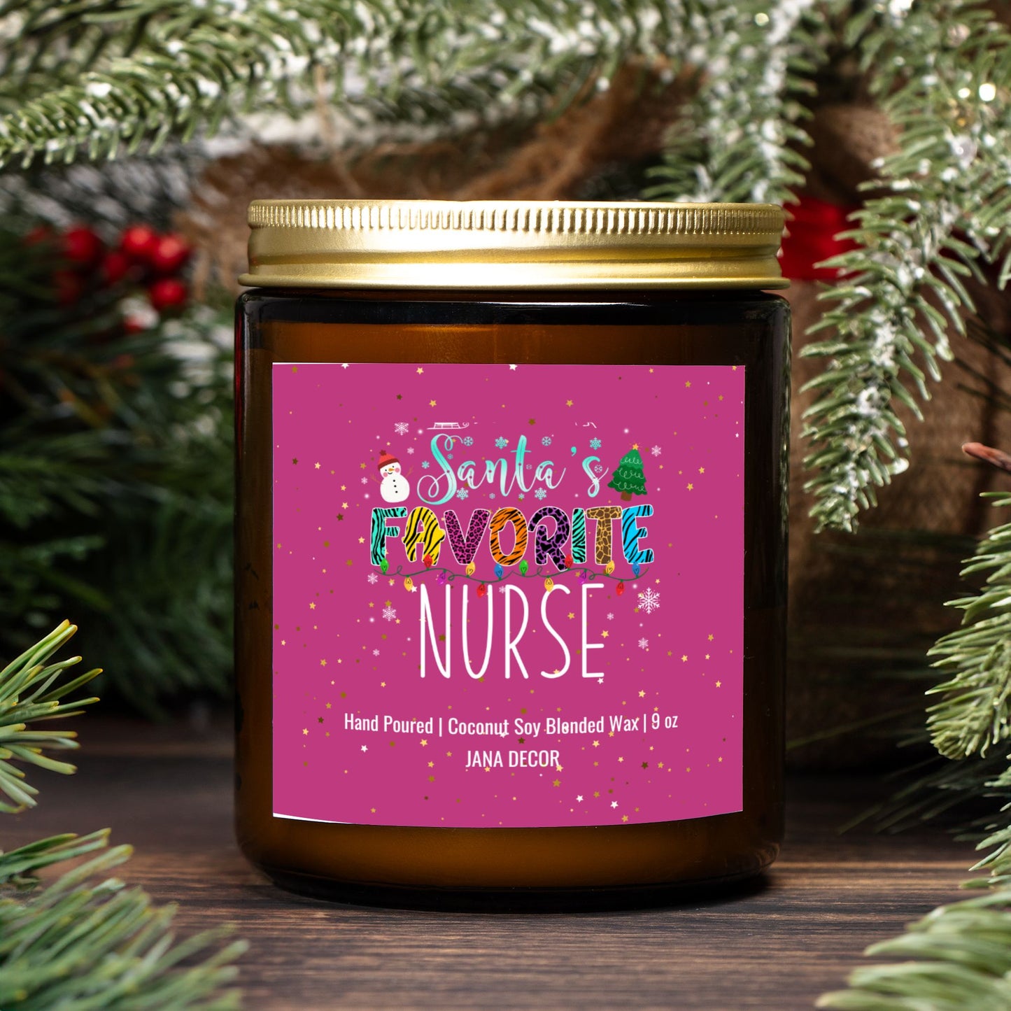 Santa's Favorite Nurse Christmas Candle - Amber Jar 9oz