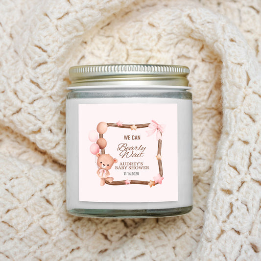 Personalized We Can Bearly Wait Baby Shower Candle Favor - Clear Glass Jar 4oz