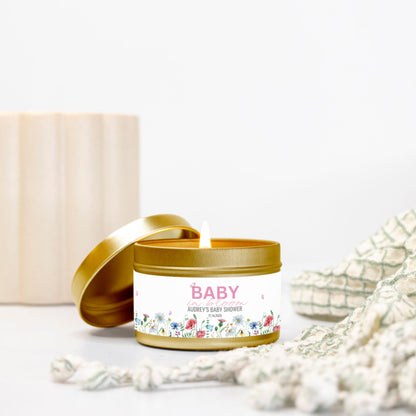 Personalized Wildflower Themed Baby Shower Candle Favor - Tin 4oz