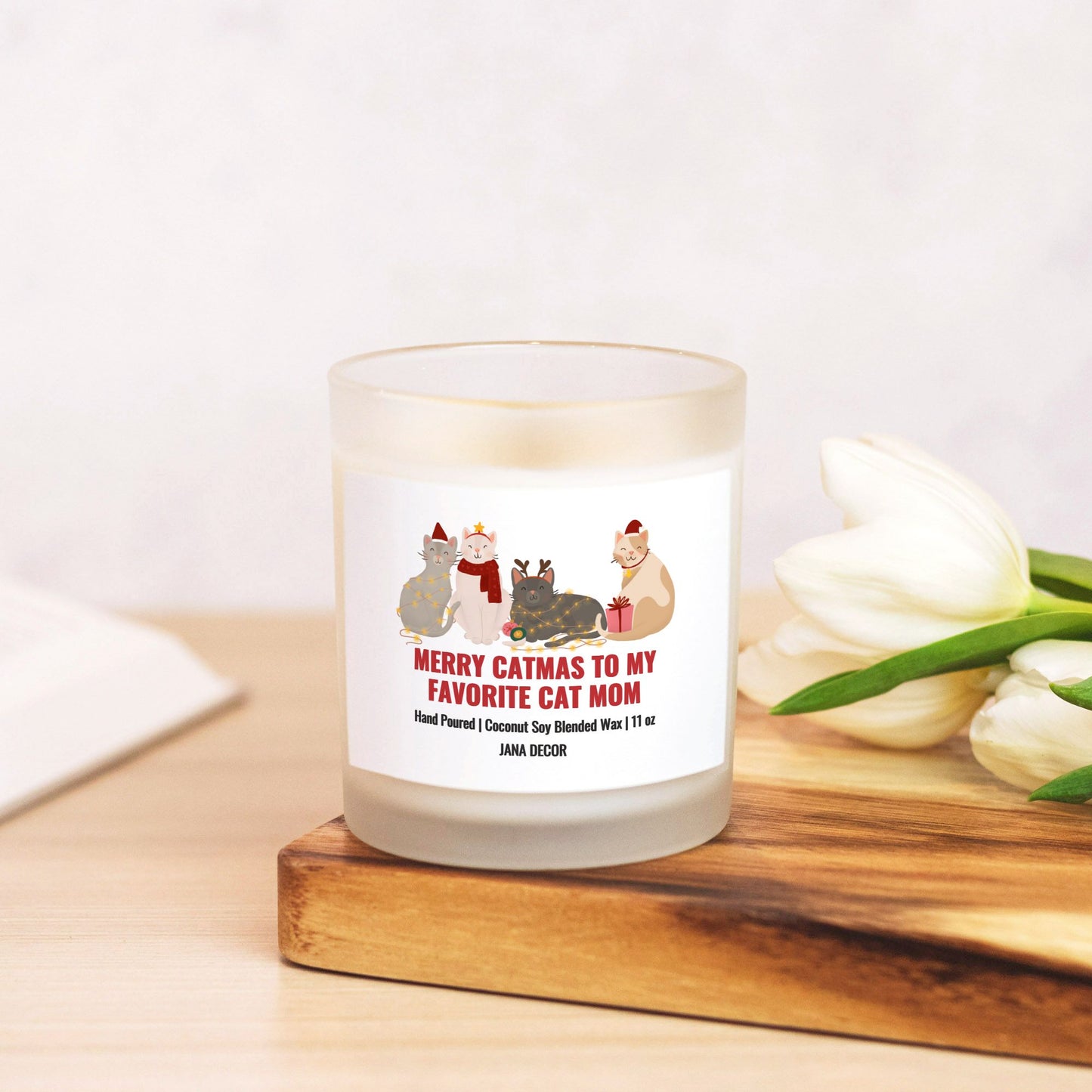 Merry Catmas to my Favorite Cat Mom - Frosted Glass Candle (Hand Poured 11 oz)