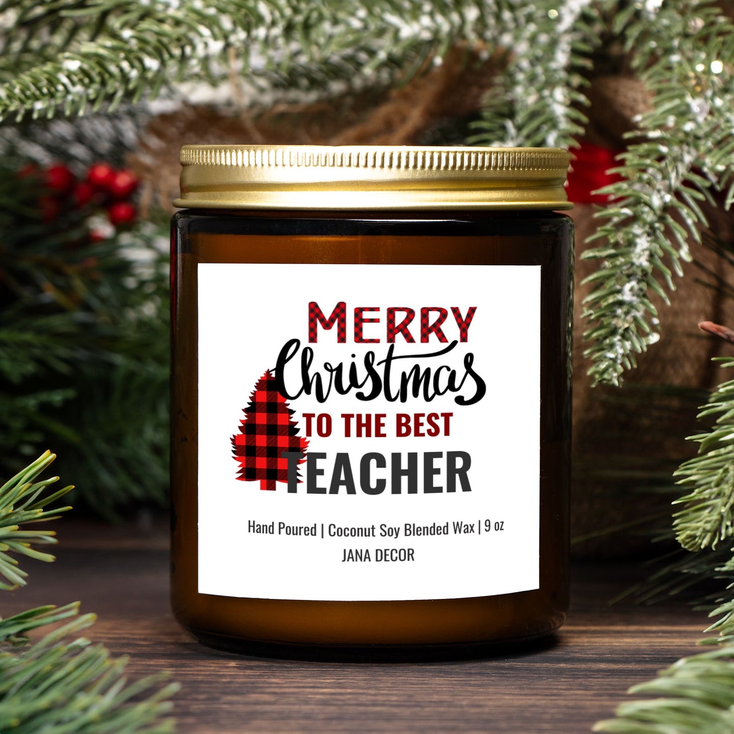 Merry Christmas to the Best Teacher Candle - Amber Jar 9oz