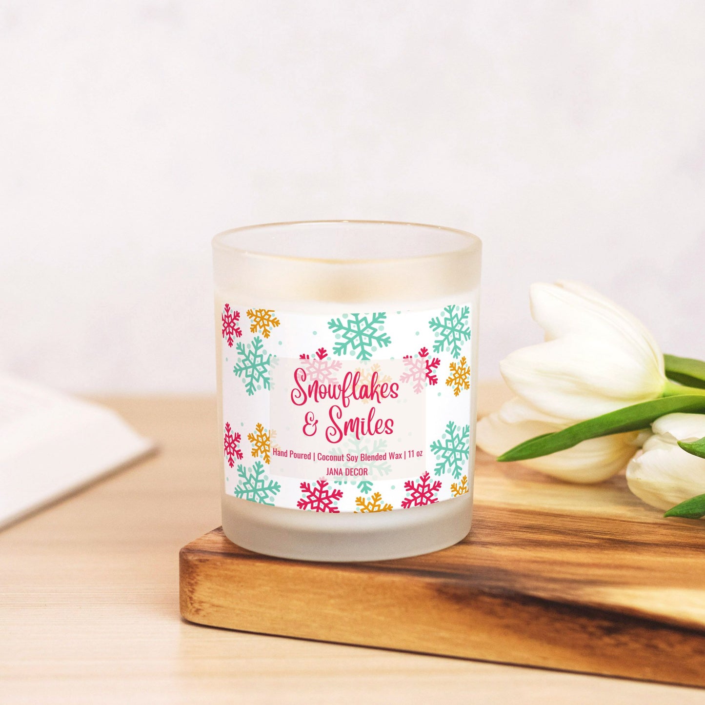 Snowflakes & Smiles - Frosted Glass Christmas Candle (Hand Poured 11 oz)