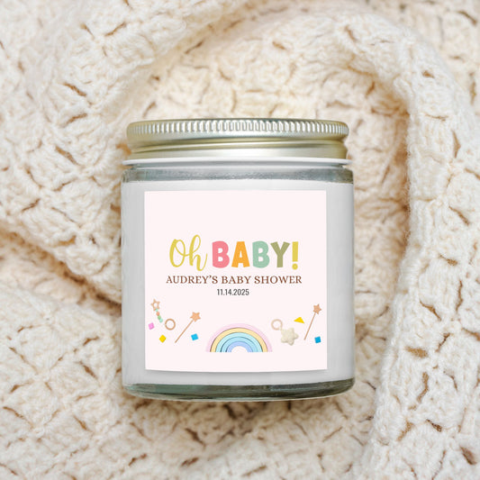 Oh Baby Rainbow Baby Shower Candle Favors - Clear Glass Jar 4oz