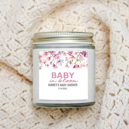 Personalized Floral Baby in Bloom Baby Shower Candle Favors - Clear Glass Jar 4oz