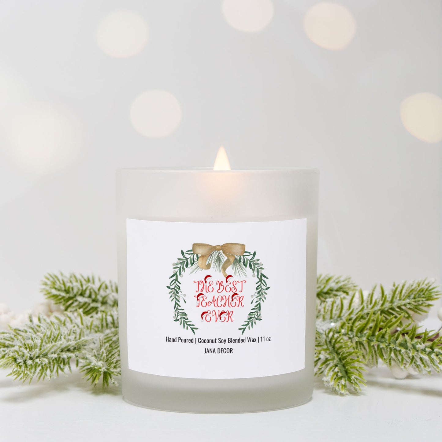 The Best Teacher Ever Christmas Candle - Frosted Glass (Hand Poured 11 oz)