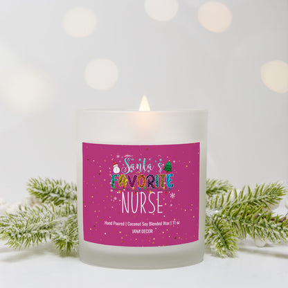 Santa's Favorite Nurse - Christmas Candle in Frosted Glass Jar (Hand Poured 11 oz)