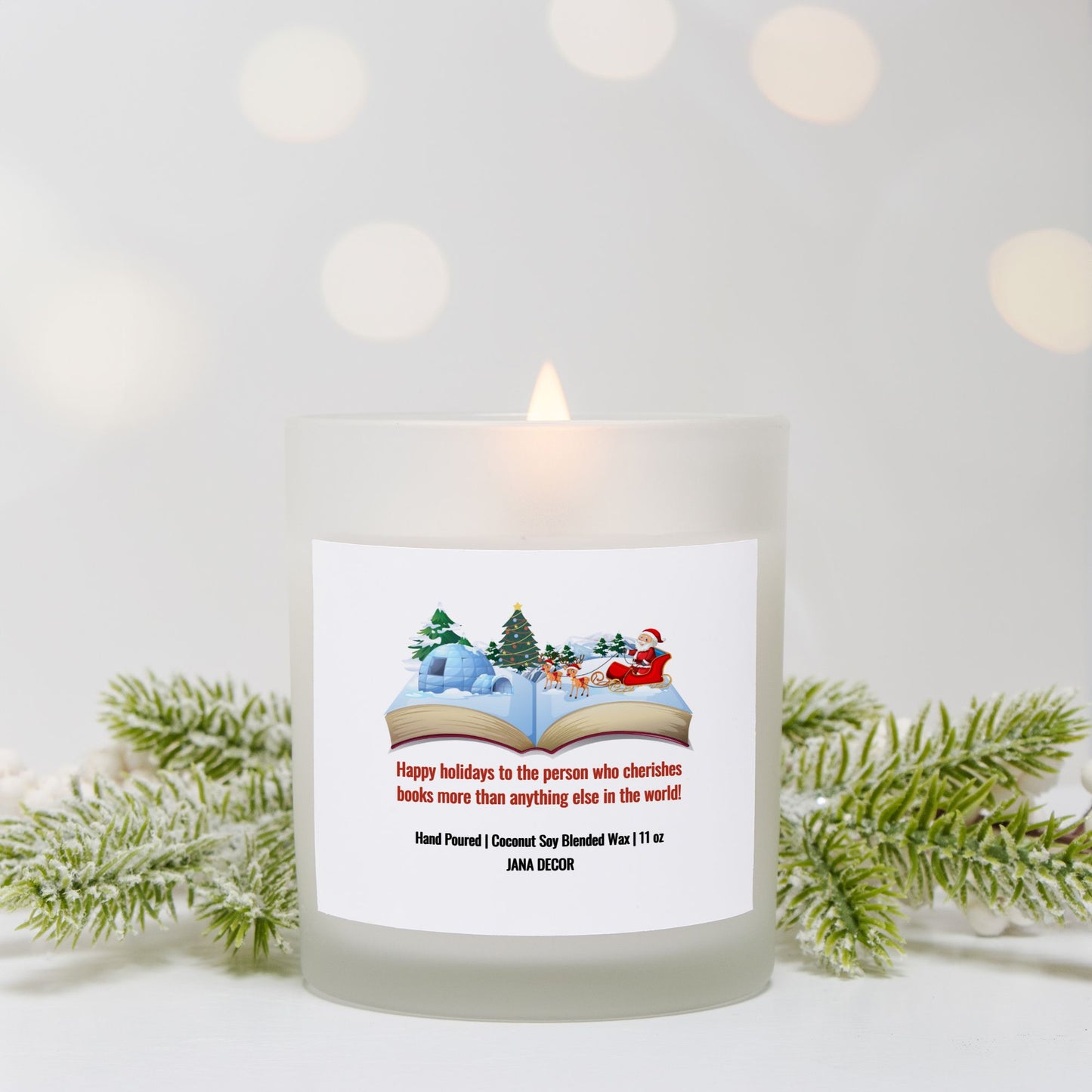 Happy Holidays - Book Lover Christmas Candle - Frosted Glass (Hand Poured 11 oz)