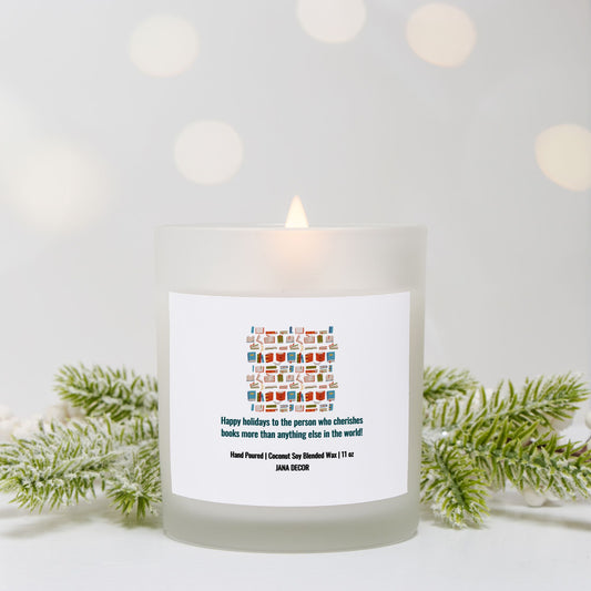 Happy Holidays - Book Lover Christmas Candle - Frosted Glass (Hand Poured 11 oz)