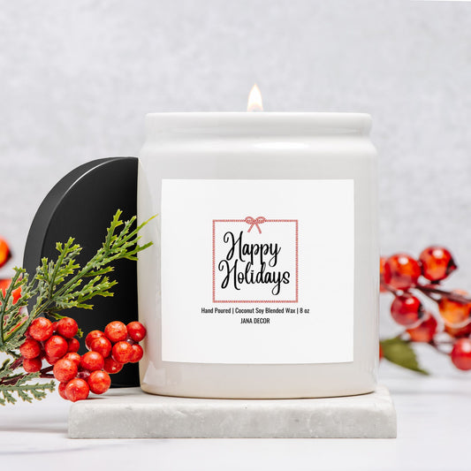 Happy Holidays - White Ceramic Jar Candle (8oz)