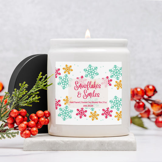 Snowflakes & Smiles - White Ceramic Jar Christmas Candle 8oz